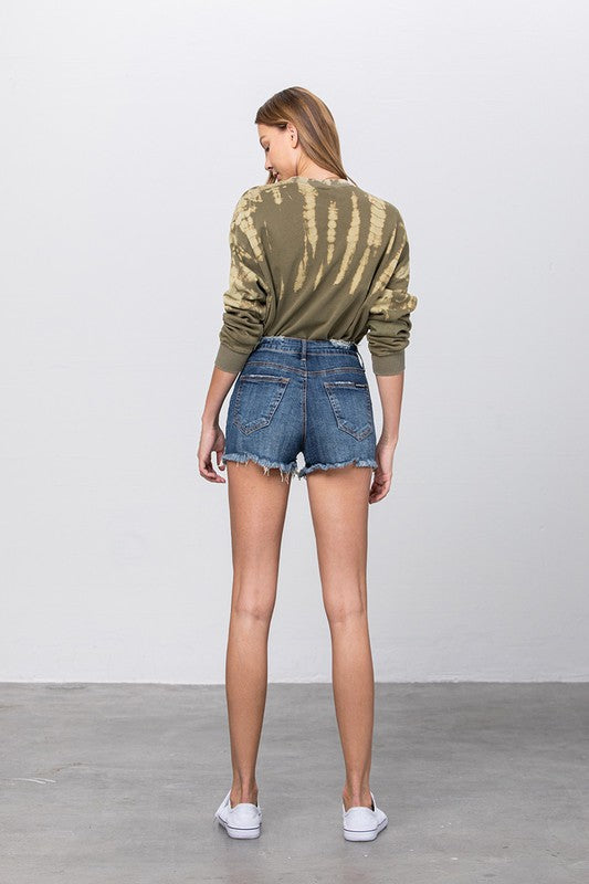 MID-RISE PREMIUM DISTRESSED SHORTS DARK by Denim Lab USA | Fleurcouture