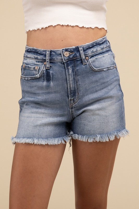 Mid Rise Raw Frayed Hem Denim Shorts MEDIUM S by ZENANA | Fleurcouture