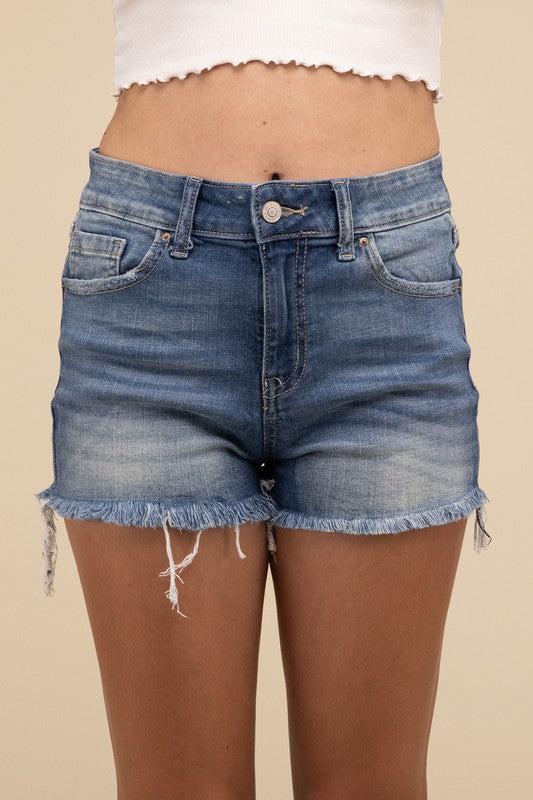 Mid Rise Raw Frayed Hem Denim Shorts MEDIUM S by ZENANA | Fleurcouture