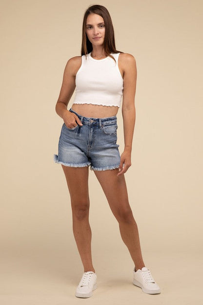 Mid Rise Raw Frayed Hem Denim Shorts MEDIUM by ZENANA | Fleurcouture