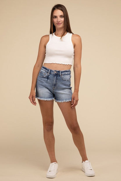 Mid Rise Raw Frayed Hem Denim Shorts MEDIUM by ZENANA | Fleurcouture