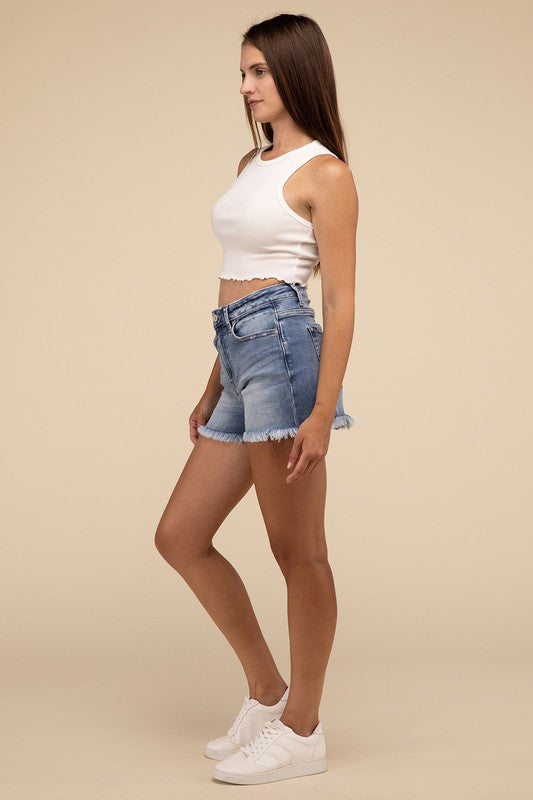 Mid Rise Raw Frayed Hem Denim Shorts MEDIUM by ZENANA | Fleurcouture