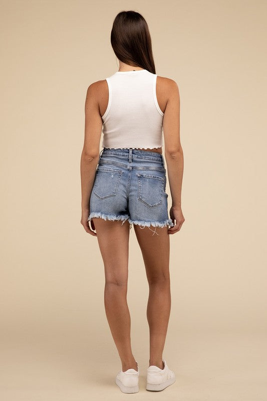 Mid Rise Raw Frayed Hem Denim Shorts MEDIUM by ZENANA | Fleurcouture