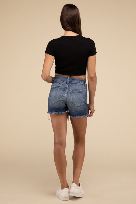 Mid Rise Raw Frayed Hem Denim Shorts MEDIUM by ZENANA | Fleurcouture