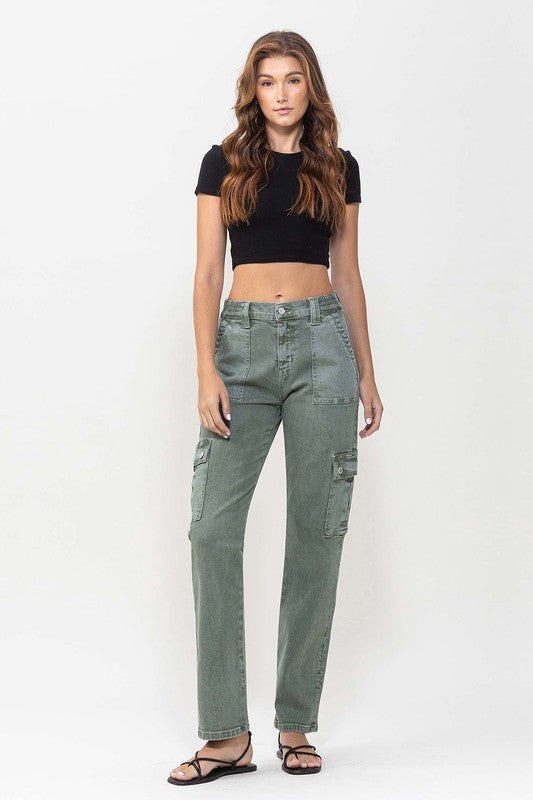 Mid Rise Straight Jeans with Cargo Pocket Detail ARMY GREEN by VERVET by Flying Monkey | Fleurcouture