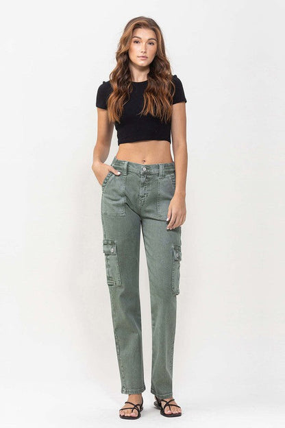 Mid Rise Straight Jeans with Cargo Pocket Detail ARMY GREEN by VERVET by Flying Monkey | Fleurcouture