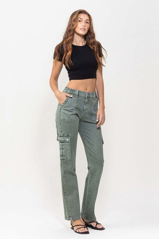 Mid Rise Straight Jeans with Cargo Pocket Detail ARMY GREEN by VERVET by Flying Monkey | Fleurcouture