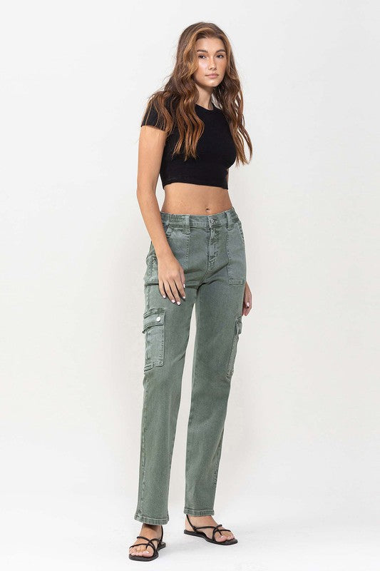 Mid Rise Straight Jeans with Cargo Pocket Detail ARMY GREEN by VERVET by Flying Monkey | Fleurcouture