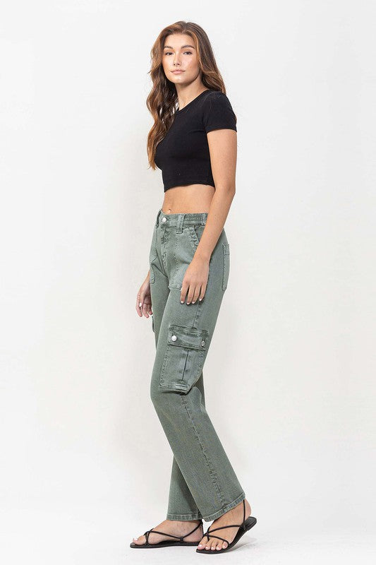 Mid Rise Straight Jeans with Cargo Pocket Detail ARMY GREEN by VERVET by Flying Monkey | Fleurcouture