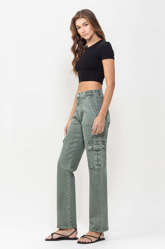 Mid Rise Straight Jeans with Cargo Pocket Detail ARMY GREEN by VERVET by Flying Monkey | Fleurcouture