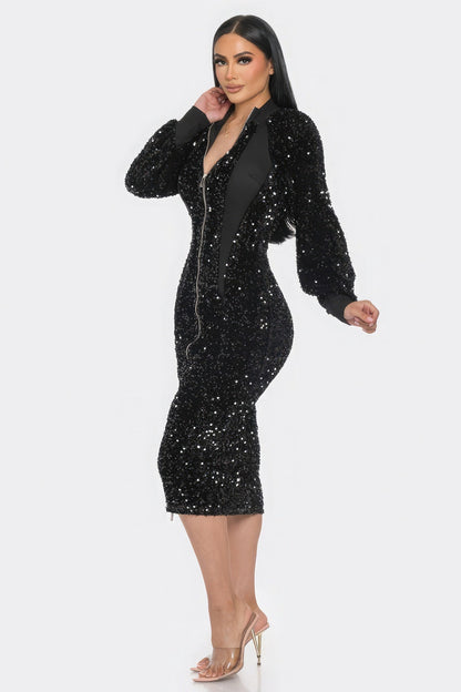 Midi 2 Way Zip Up Sequin Contrast Dress by Fleurcouture | Fleurcouture