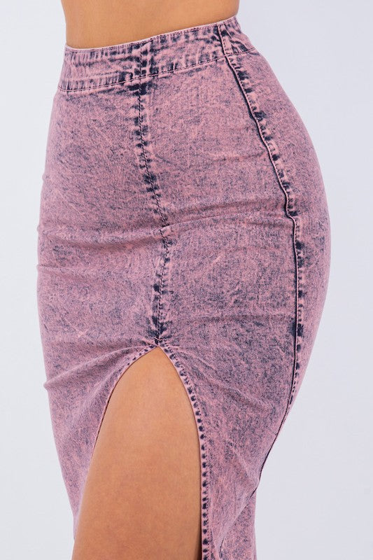 Midi Skirt In Denim Pink Pink by GJG Denim | Fleurcouture