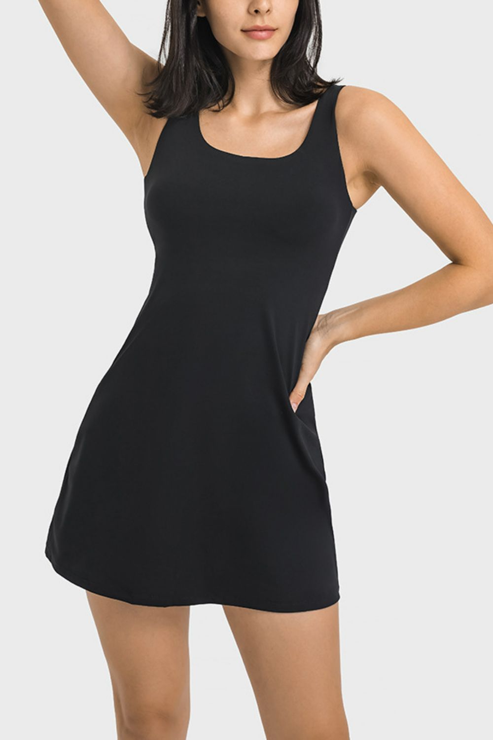 Millennia Square Neck Sports Tank Dress with Full Coverage Bottoms Black 4 Active Sets by Trendsi | Fleurcouture