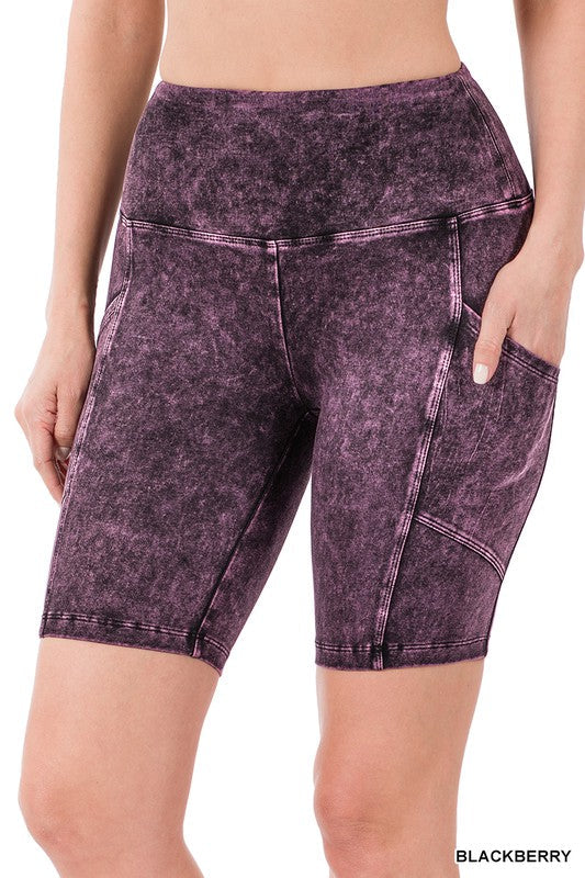 Mineral Wash Wide Waistband Pocket Leggings BLACKBERRY S by ZENANA | Fleurcouture