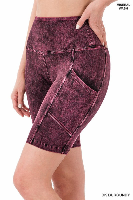 Mineral Wash Wide Waistband Pocket Leggings DK BURGUNDY S by ZENANA | Fleurcouture