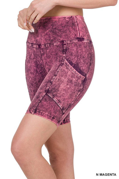 Mineral Wash Wide Waistband Pocket Leggings N MAGENTA S by ZENANA | Fleurcouture