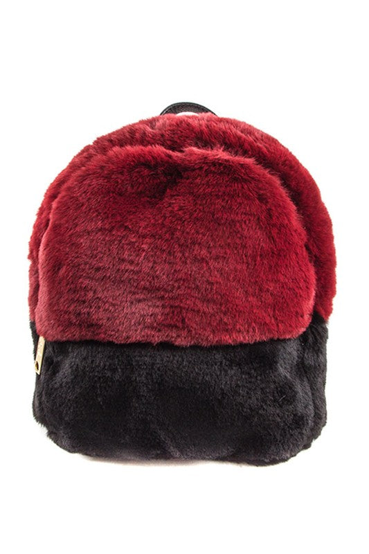 MINI TWO TONED FURRY BACKPACK BURGUNDY/BLACK Os by Bella Chic | Fleurcouture