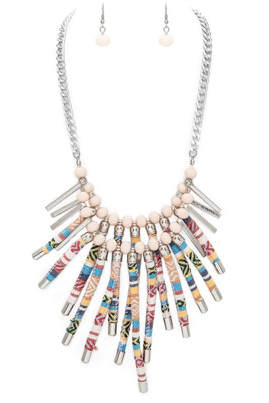 Mix Media Aztec Print Fringe Canvas Necklace Multi O/S by LA Jewelry Plaza | Fleurcouture