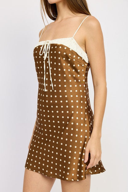 MIXED MEDIA MINI DRESS MOCHA CREAM POLKA by Emory Park | Fleurcouture