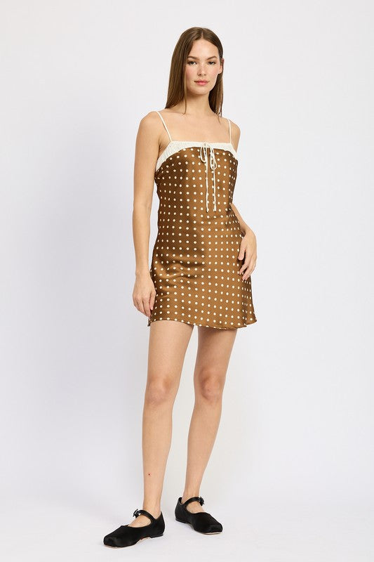 MIXED MEDIA MINI DRESS MOCHA CREAM POLKA by Emory Park | Fleurcouture