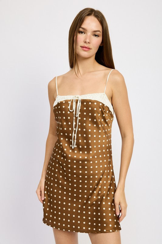 MIXED MEDIA MINI DRESS MOCHA CREAM POLKA S by Emory Park | Fleurcouture