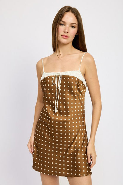 MIXED MEDIA MINI DRESS MOCHA CREAM POLKA S by Emory Park | Fleurcouture