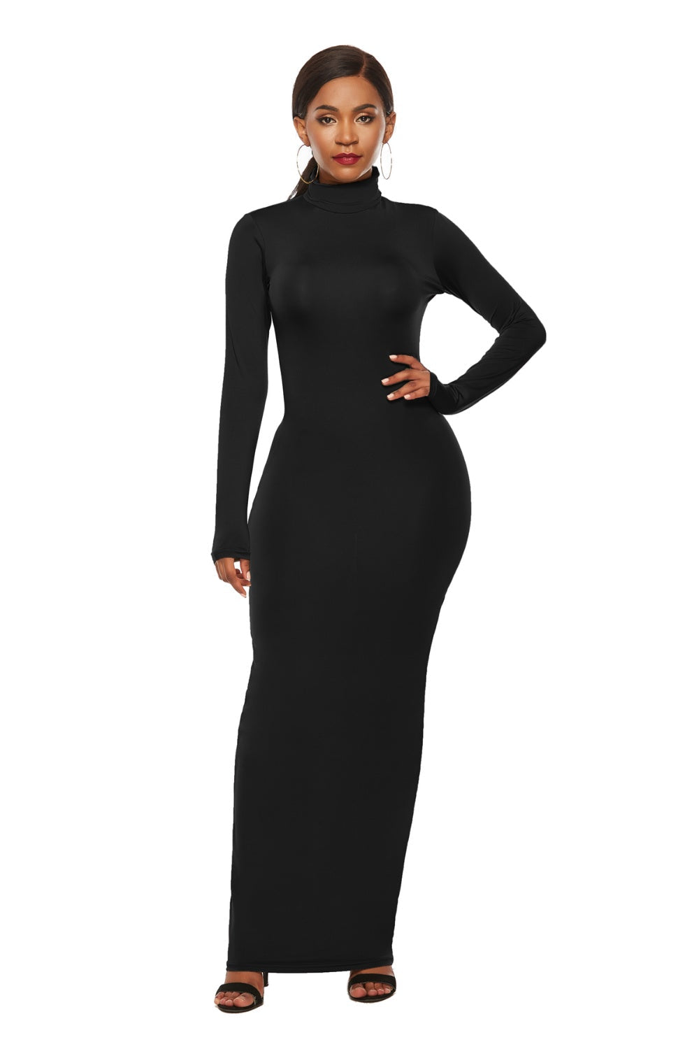 Mock Neck Long Sleeve Maxi Slim Dress Black S Women&