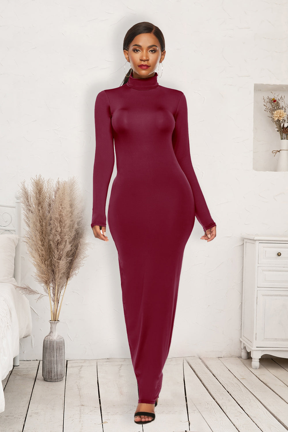 Mock Neck Long Sleeve Maxi Slim Dress Burgundy S Women&