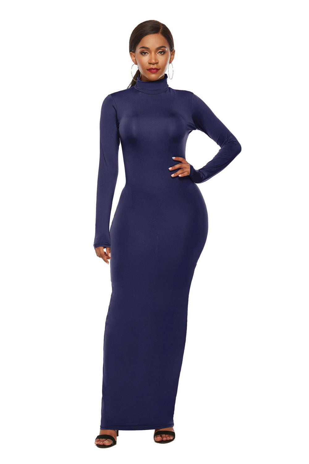 Mock Neck Long Sleeve Maxi Slim Dress Dark Blue S Women&