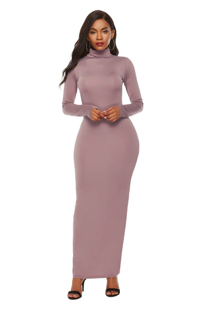 Mock Neck Long Sleeve Maxi Slim Dress Dusty Pink S Women&