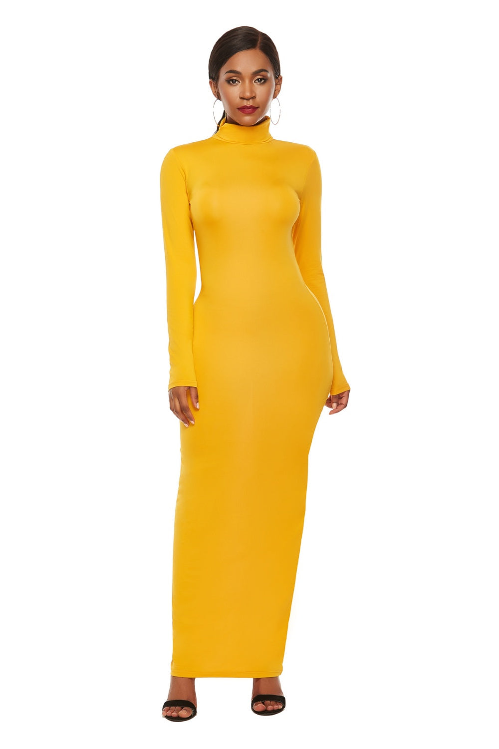 Mock Neck Long Sleeve Maxi Slim Dress Gold S Women&