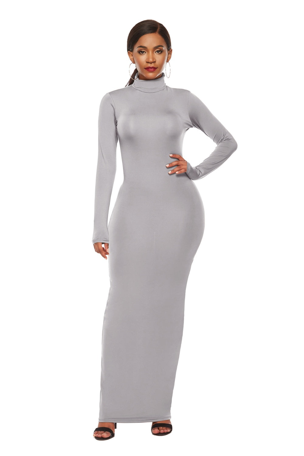 Mock Neck Long Sleeve Maxi Slim Dress Light Gray S Women&