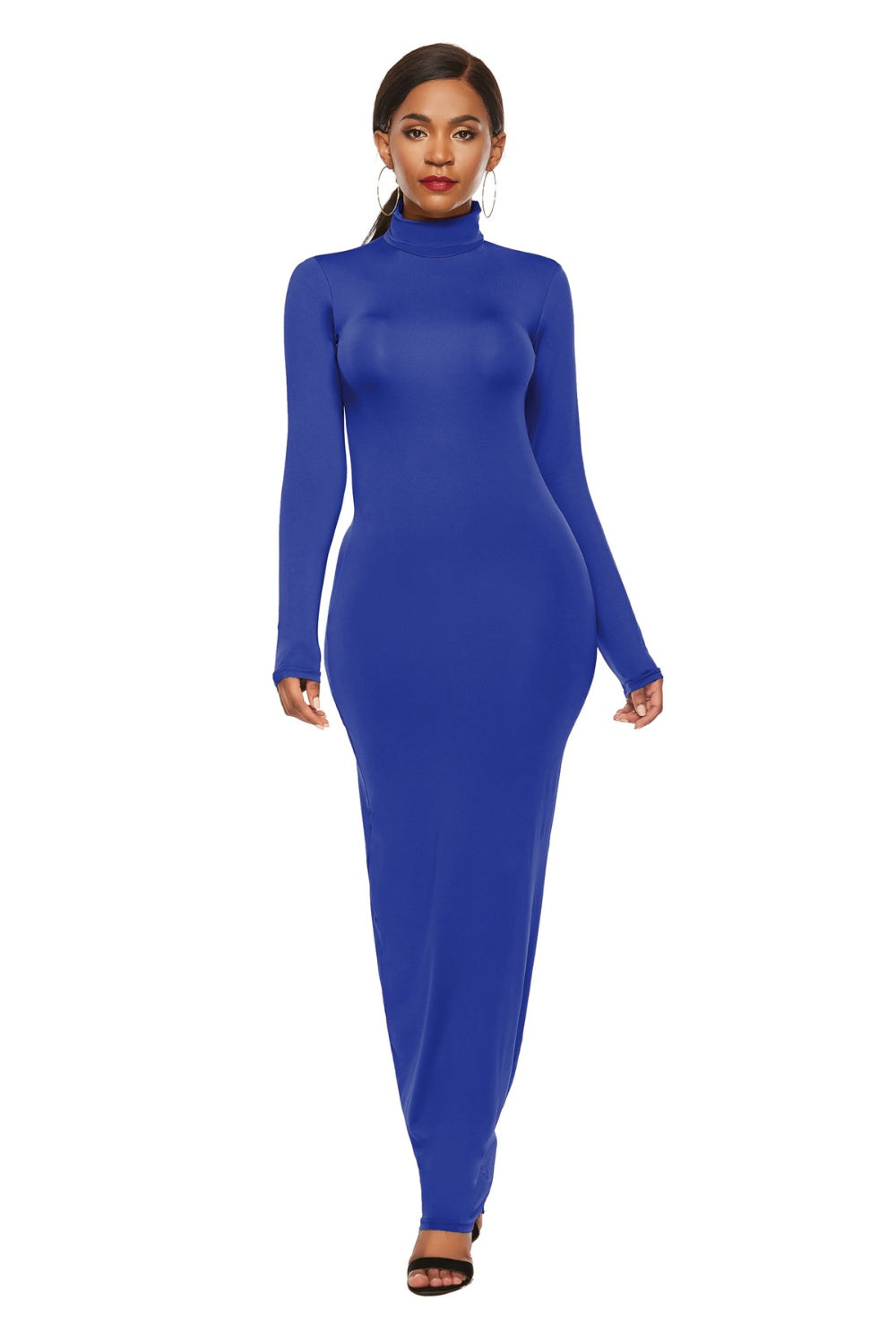 Mock Neck Long Sleeve Maxi Slim Dress Royal Blue S Women&