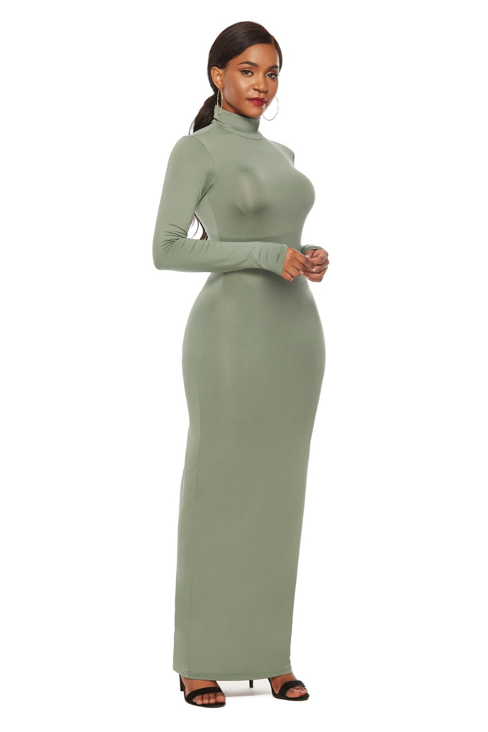 Mock Neck Long Sleeve Maxi Slim Dress Women&