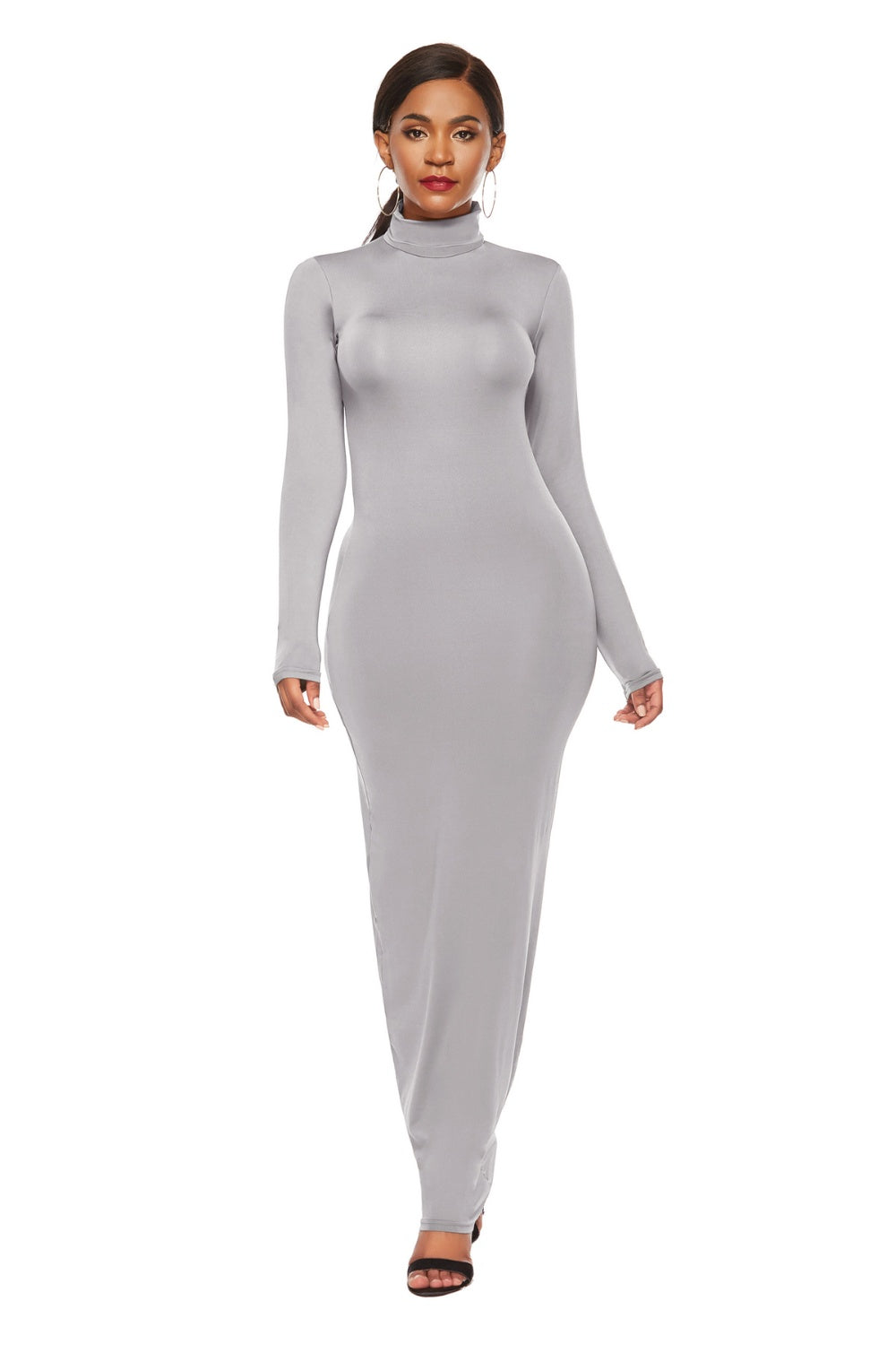 Mock Neck Long Sleeve Maxi Slim Dress Women&