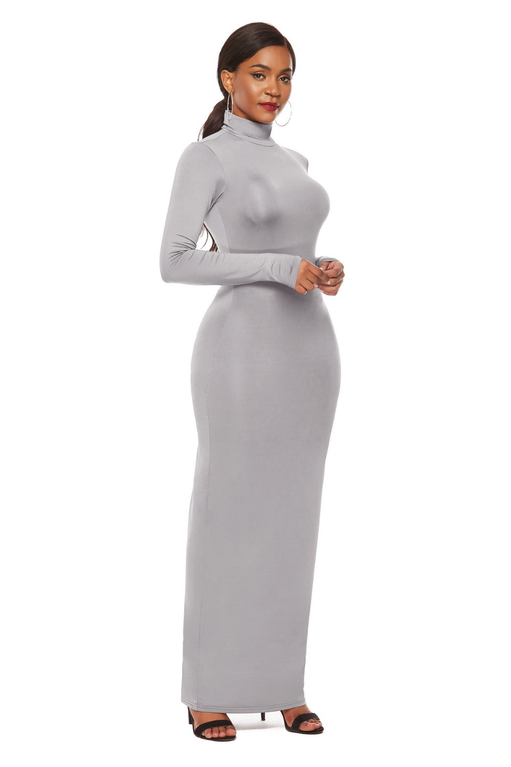 Mock Neck Long Sleeve Maxi Slim Dress Women&