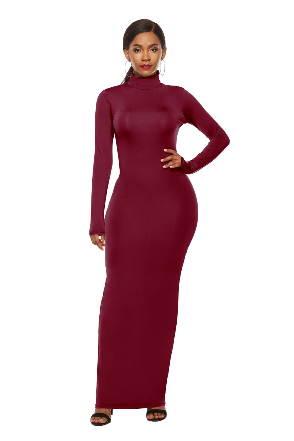 Mock Neck Long Sleeve Maxi Slim Dress Women&