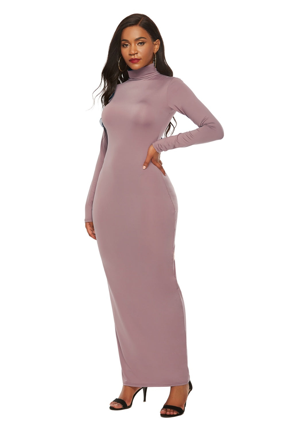 Mock Neck Long Sleeve Maxi Slim Dress Women&