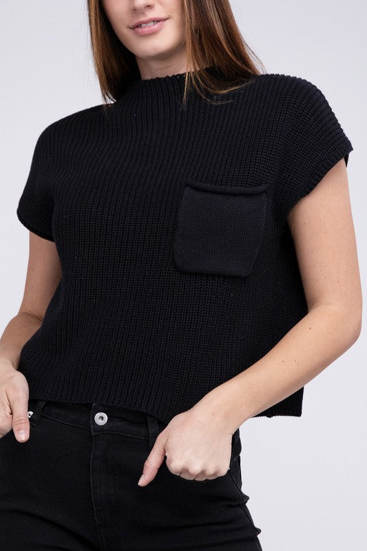 Mock Neck Short Sleeve Cropped Sweater BLACK S by ZENANA | Fleurcouture