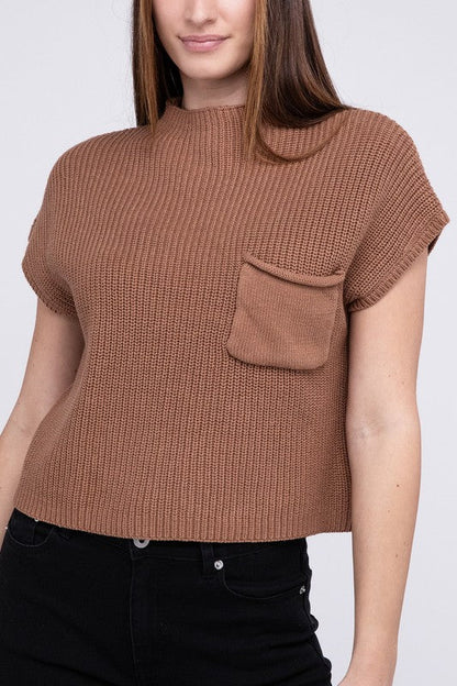 Mock Neck Short Sleeve Cropped Sweater DEEP CAMEL S by ZENANA | Fleurcouture