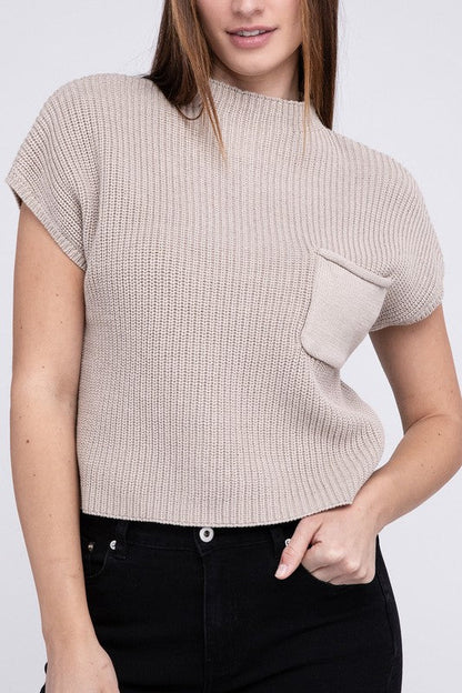 Mock Neck Short Sleeve Cropped Sweater LT MOCHA M by ZENANA | Fleurcouture