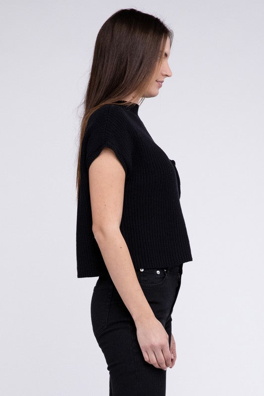 Mock Neck Short Sleeve Cropped Sweater by ZENANA | Fleurcouture