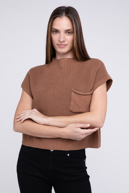 Mock Neck Short Sleeve Cropped Sweater by ZENANA | Fleurcouture