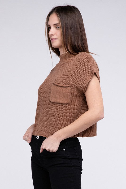 Mock Neck Short Sleeve Cropped Sweater by ZENANA | Fleurcouture