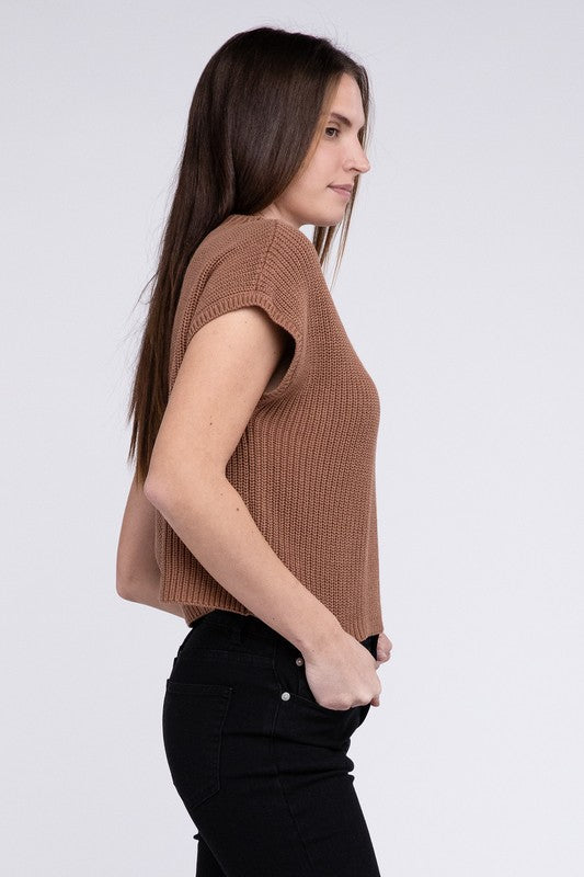 Mock Neck Short Sleeve Cropped Sweater by ZENANA | Fleurcouture