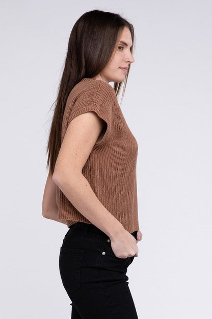 Mock Neck Short Sleeve Cropped Sweater by ZENANA | Fleurcouture