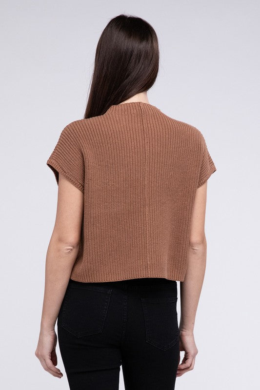 Mock Neck Short Sleeve Cropped Sweater by ZENANA | Fleurcouture