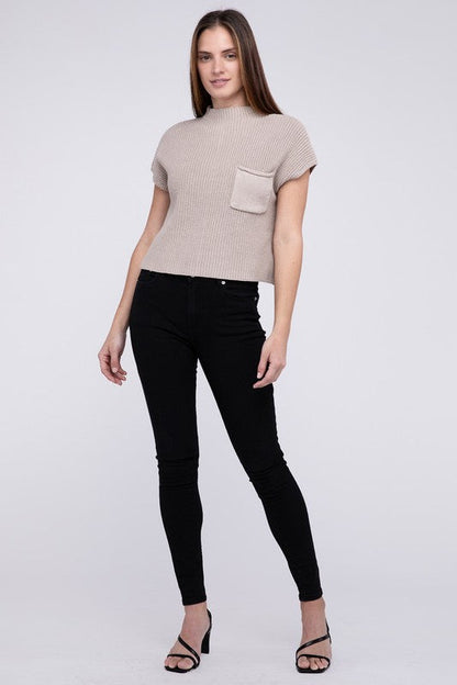 Mock Neck Short Sleeve Cropped Sweater by ZENANA | Fleurcouture