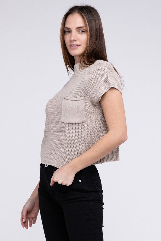 Mock Neck Short Sleeve Cropped Sweater by ZENANA | Fleurcouture