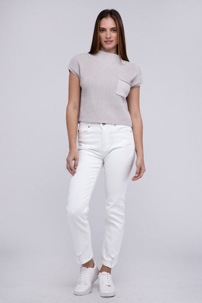 Mock Neck Short Sleeve Cropped Sweater by ZENANA | Fleurcouture